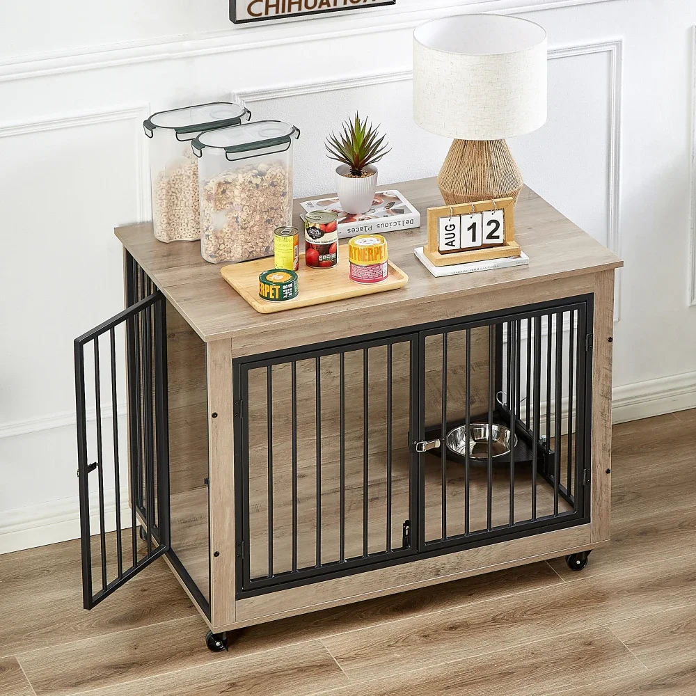 Furniture Style Dog Crate Side Table With Rotatable Feeding Bowl, Wheels, Three Doors, Flip-Up Top Opening. Indoor, Grey