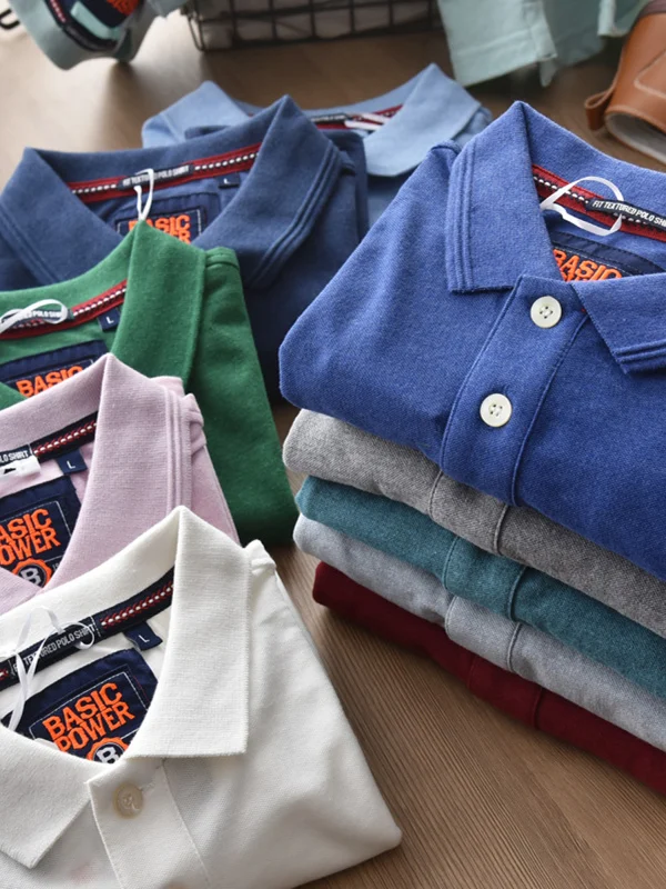Summer New American Retro Knitted Solid Color Pearl Cotton Polo Shirts Men's Fashion  Washed Short Sleeve Lapel Casual T-shirt