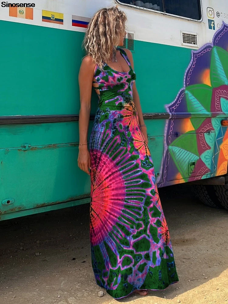 Dames Tie Dye Print Maxi Jurk Sexy Rugloze Criss Cross Terug Zomer Boho Strand Roeping Flowy Jurk Elegante Partij Formele Jurk