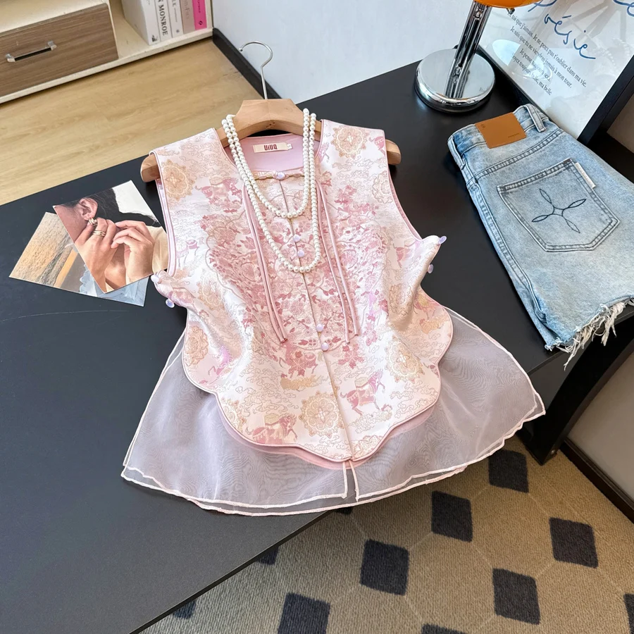 Handmade Chinese New Style Small Stand Collar Embroidered Pink Tulle Jacket Top Women's Vest Outerwear Regular Length Polyester