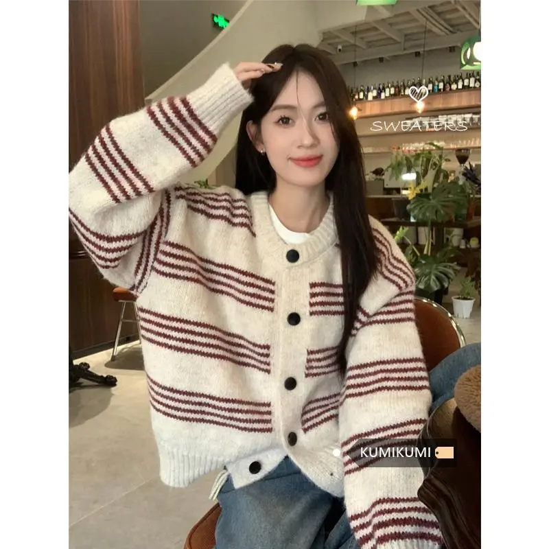 Korean Version Lazy Style Loose Striped Knitted Sweater Jacket Campus Style Single Breasted Short Sweater Cardigan Worn Over