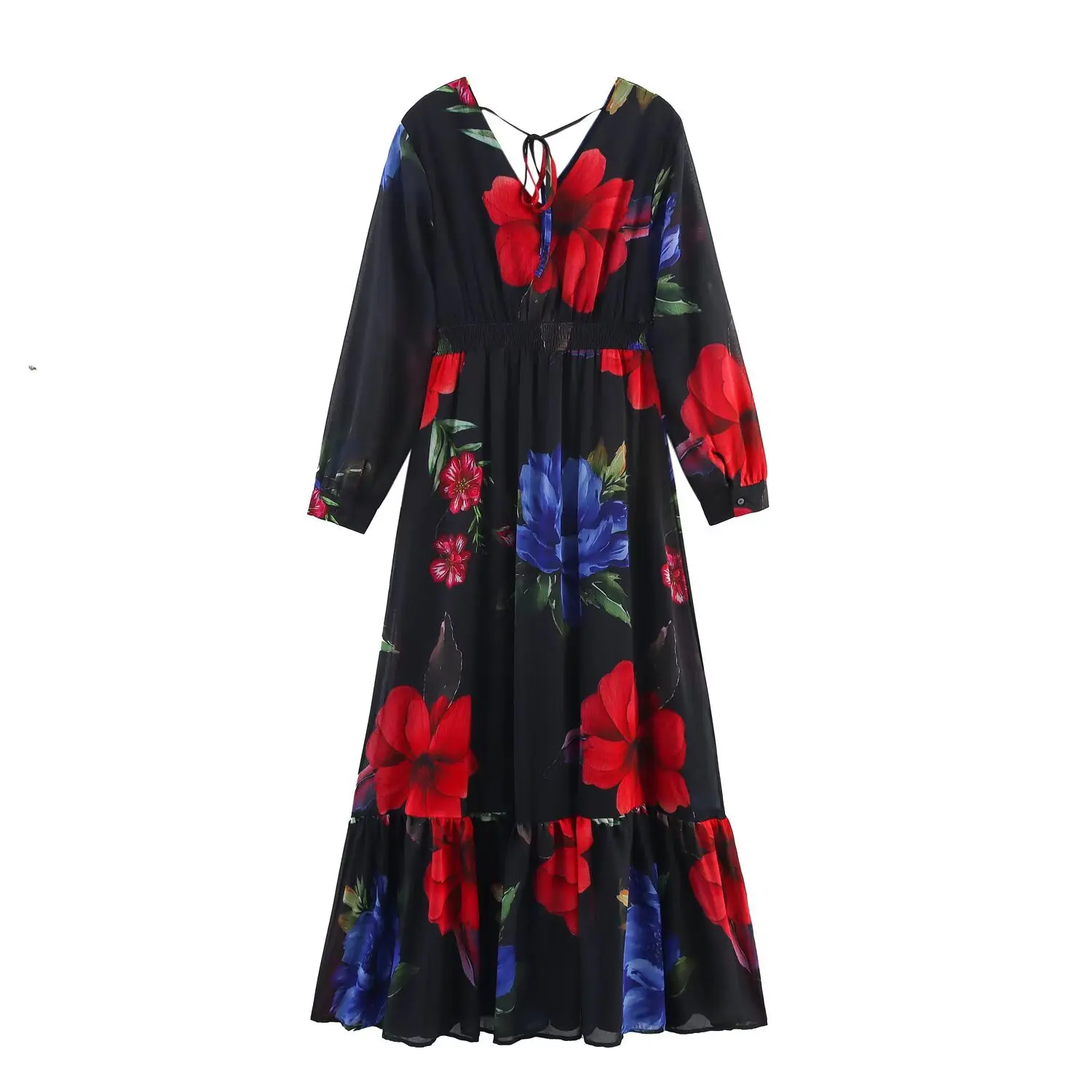 2025 Abito da donna primaverile in chiffon con stampa retrò con scollo a V in vita da spiaggia Abito lungo Boho Abiti femminili