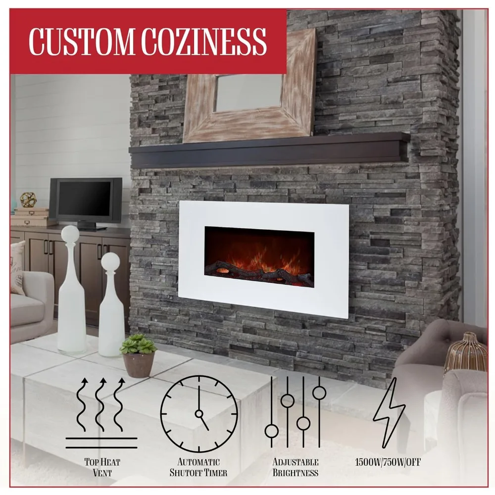 36-Inch Wall Mounted  Electric Fireplace - 10-Color LED Flame and 3 Media Backgrounds with Adjustable Brightness (White)