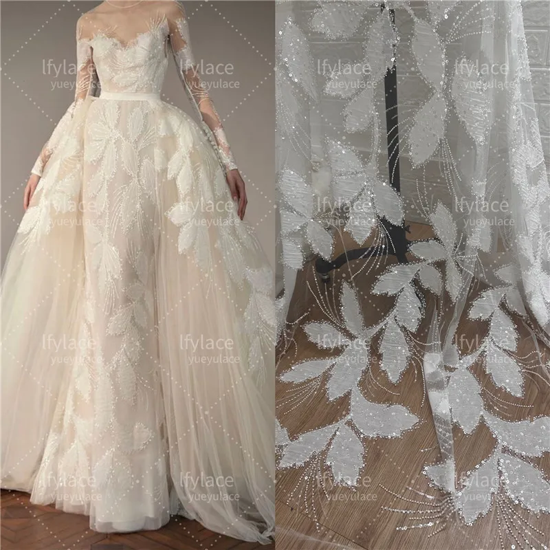 New Style Off White Laser Bead Sequins High Quality Mesh Embroidery French Wedding Dress Lace Fabric Sell By Yard