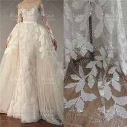 Nuovo stile Off White Laser Bead paillettes ricamo a rete di alta qualità abito da sposa francese tessuto di pizzo vendere a misura