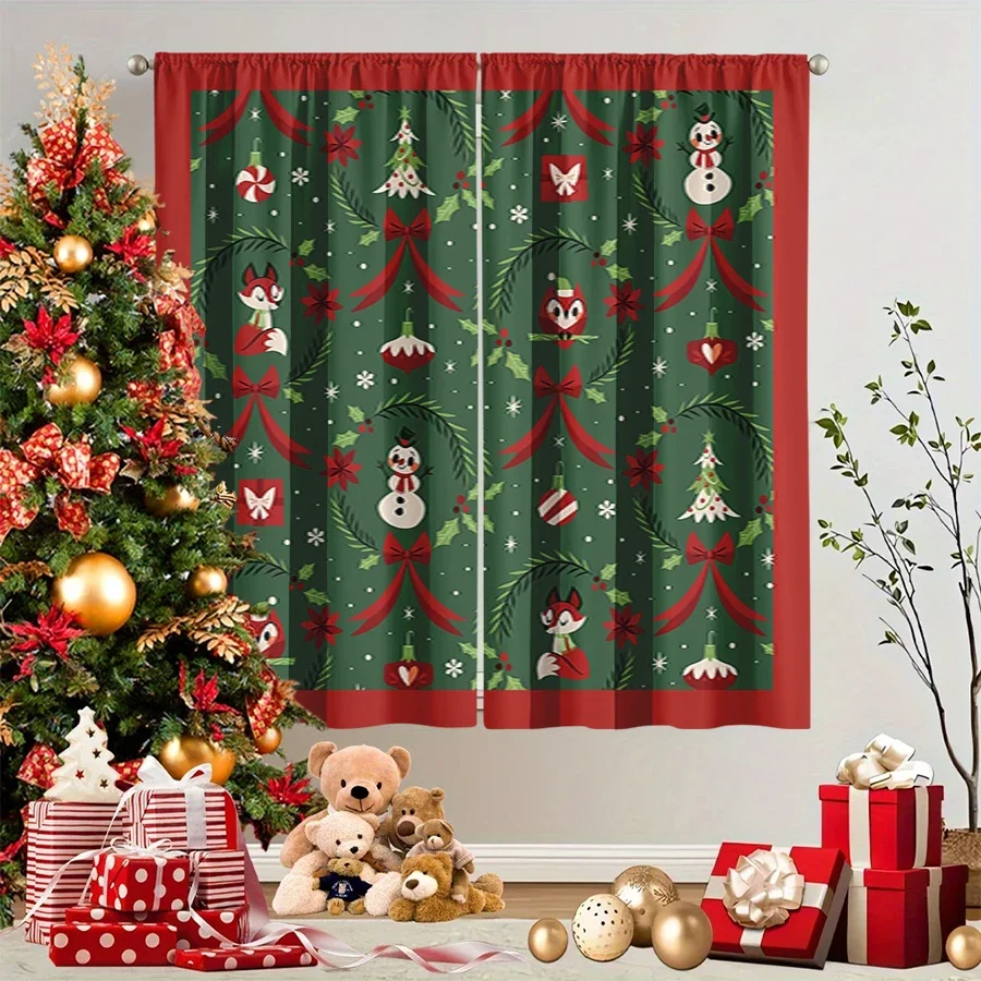 2PCS Christmas Winter Curtains, Cartoon Fox Snowman Owl Bow Tree Green, Digital Print, Bedroom Living Room, Home Decor