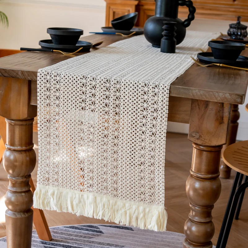 American Style Table Flag Cotton Linen Hollow Weaving Tassel Simple Luxury Festival Party Decoration Long Stripe Tablecloth