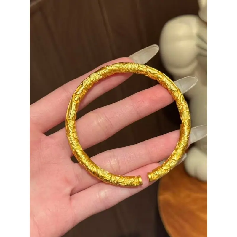 24k 999Gold plain ring with ancient seal engraving of peonies, open bangle for women, high-end feel, gift gold bracelet