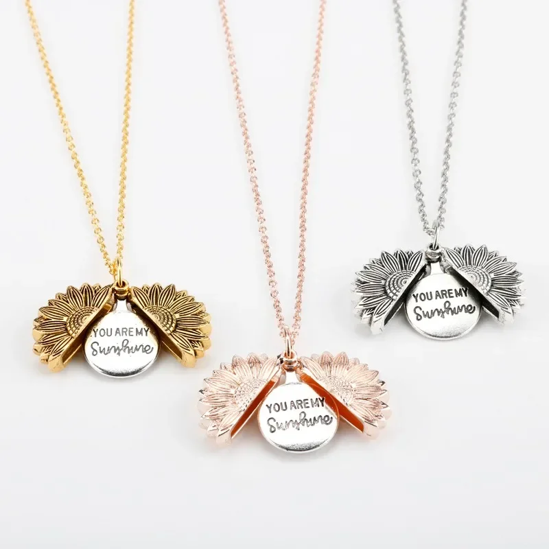 Sunflower Double Lettering Necklace Border Openable Double Layer Lettering Stainless Steel Pendant Alloy Sunflower Necklace