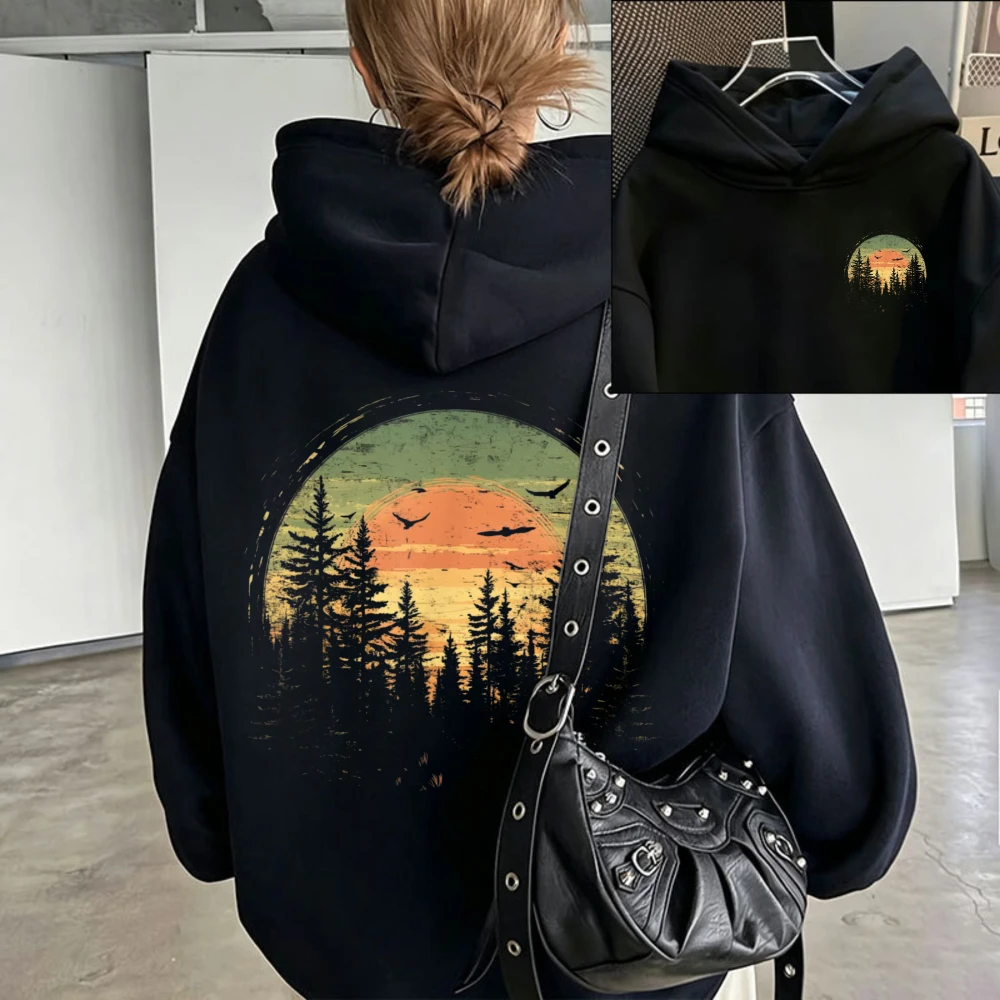 Retro Wilderness Bear Trees Reflection Outdoor Forest  Hoodies Y2k Clothes Harajuku Anime Sweatshirts Oversized Hoodie Hoody Top