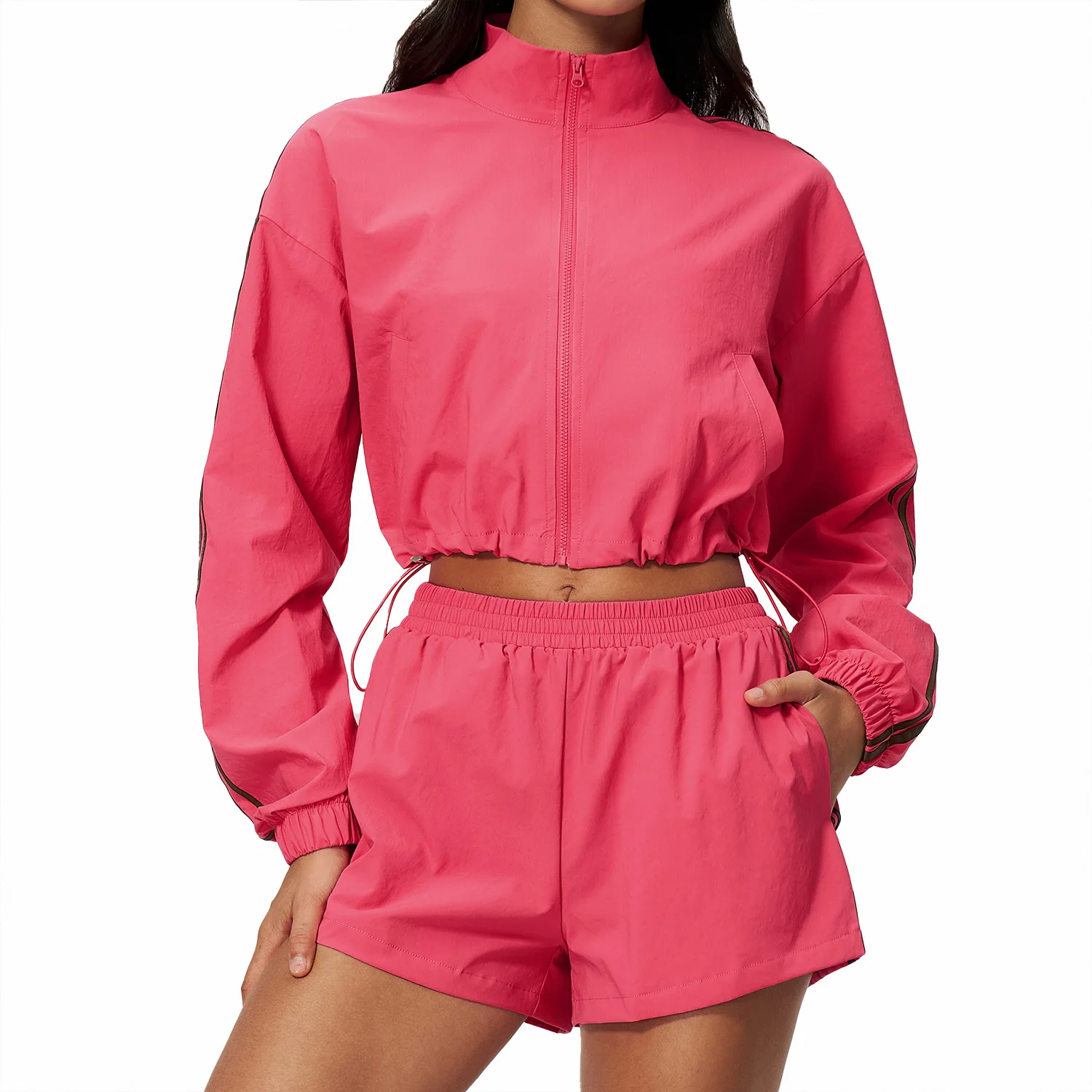 Pers LOGO custom women's new contrasting colors sports leisure cardigan jacket shorts quick-drying fitness two-piece set