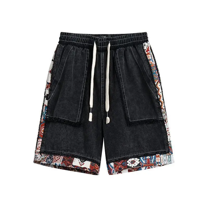 Ethnic Style Color Matching Denim Shorts Men's Summer New Retro Loose Five-point Pants