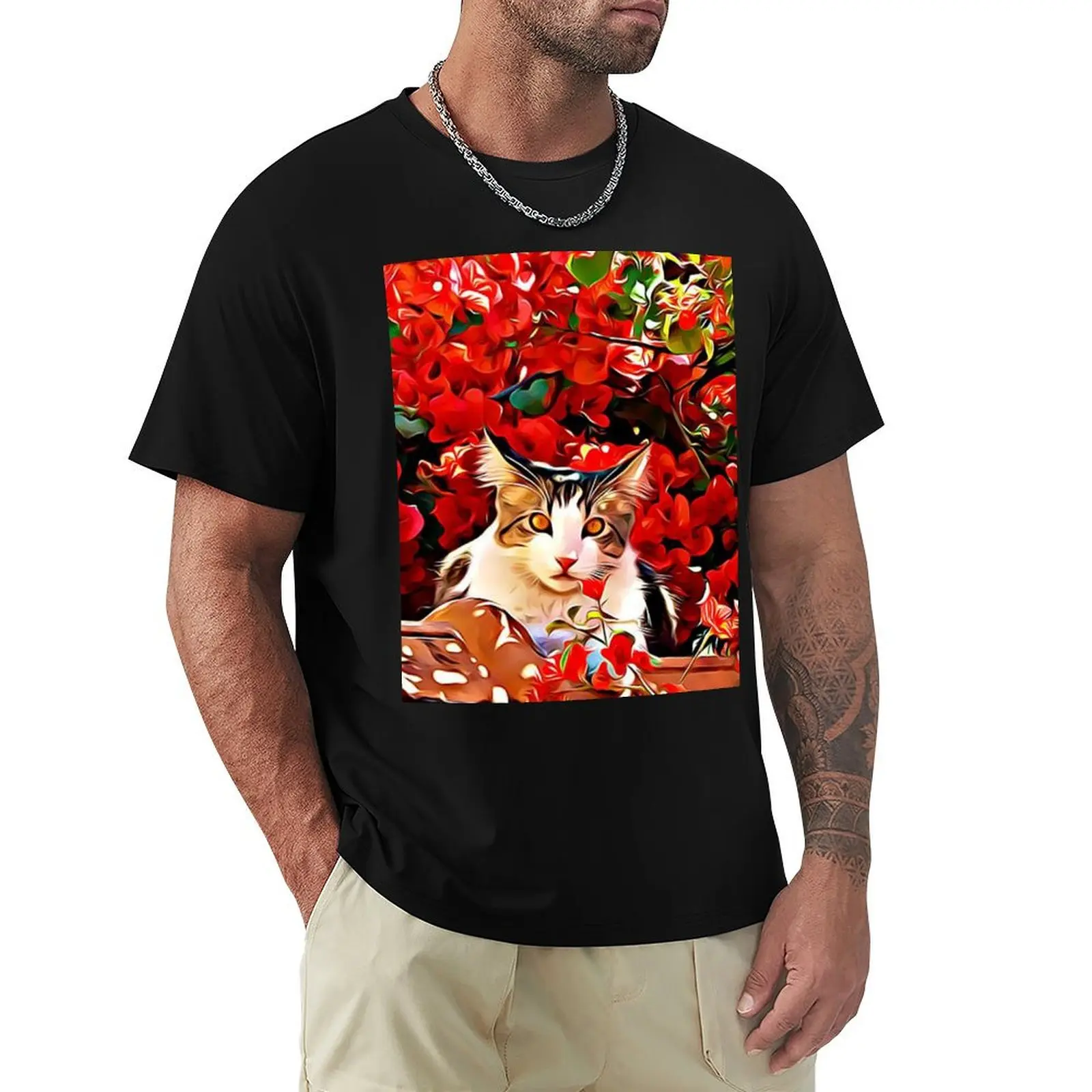 Digital design Cat in flower T-shirt boys whites hippie clothes mens graphic t-shirts