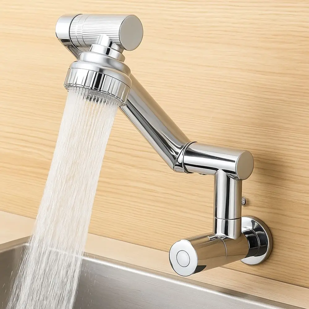 

360 ° Вращающийся настенный смеситель с хромированной отделкой, смеситель для кухонной мойки из нержавеющей стали, 2 режима, насадка, смеситель с одним отверстием