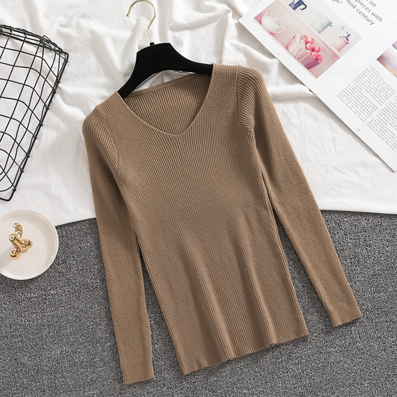 Autumn Thin Sweater Women Fashion Slim Solid Basic Pullover Korean Casual Simple V-Neck Long Sleeve Knitted Female Tops