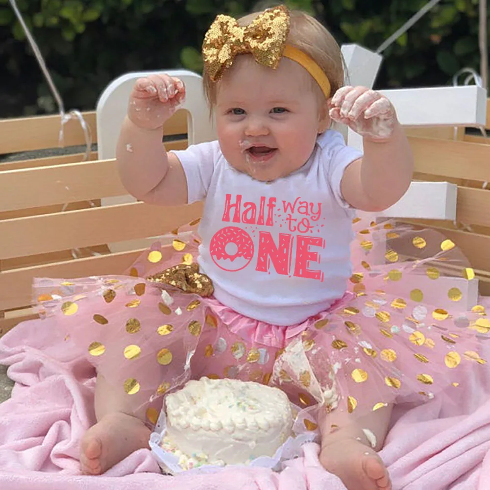 Half Way To One Girls Cake Smash Dress Birthday Baby Party Costume  Newborn Donut Short Sleeve Bodysuit Birthday Gifts for Girl