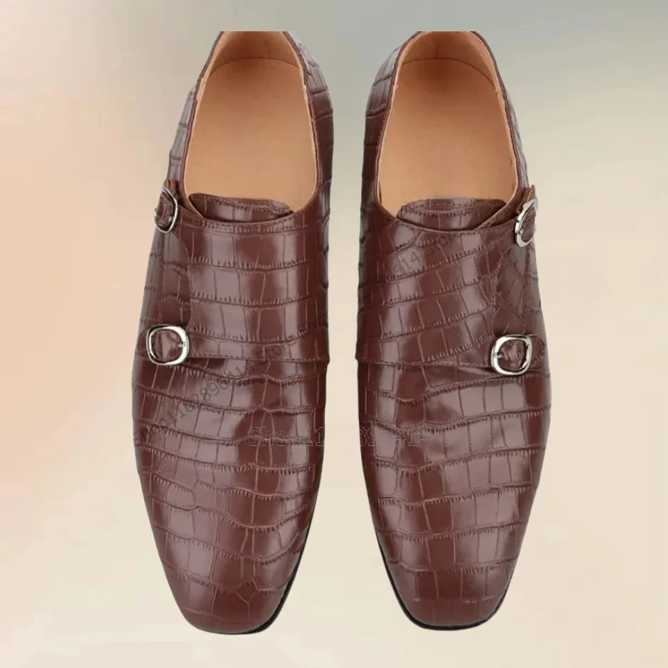 

Brown Crocodile Print Double Monk Loafers Fashionable Slip On Men Shoes Luxurious Handcraft Party Banquet Office Men Dress Shoes