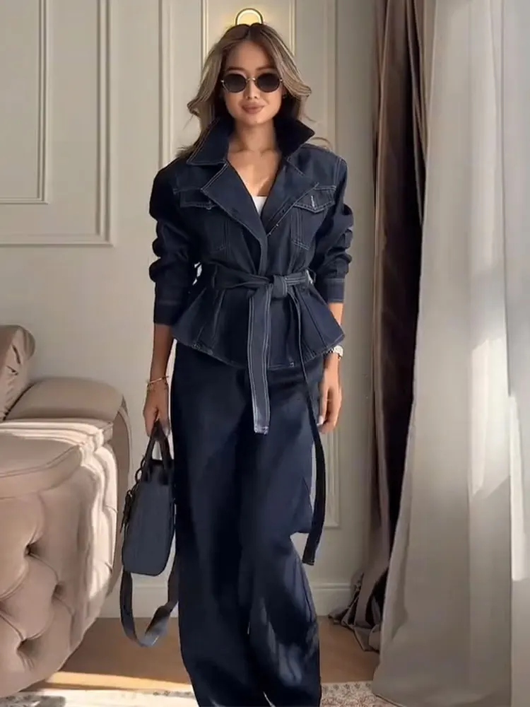 Women's Denim Belt Jacket Pants Sets Solid Loose Lapel Full Sleeve Pockets Coats Wide Leg Pant 2026 Autumn Lady Commute Suit New view 5