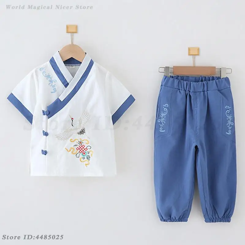 Chinese Crane Embroidery Short Sleeve Tang Suit Summer Kids Outfit Children's Hanfu Sets Baby Costume Traditional Retro Clothes