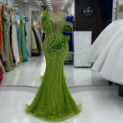 New Green Crystal Beaded Mermaid Evening Dress Arabic Ruffles Appliques Formal Occasion Gown Prom Party Dress Robe de soiree