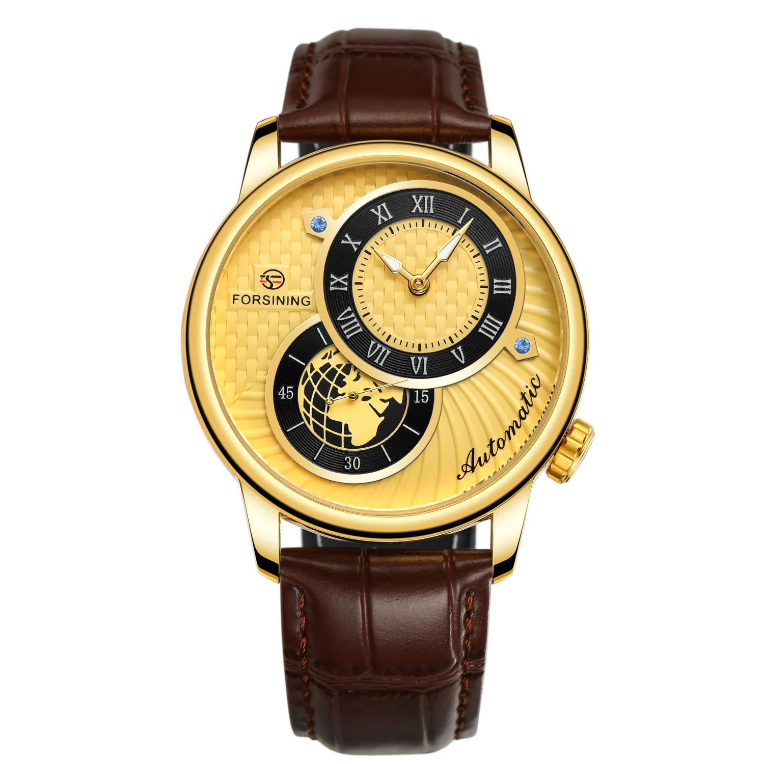 

2023 Forsining Top Brand Double Circle Earth Pattern Man Leather And Mesh Steel & Leather Automatic Mechanical Hollow Out Watch