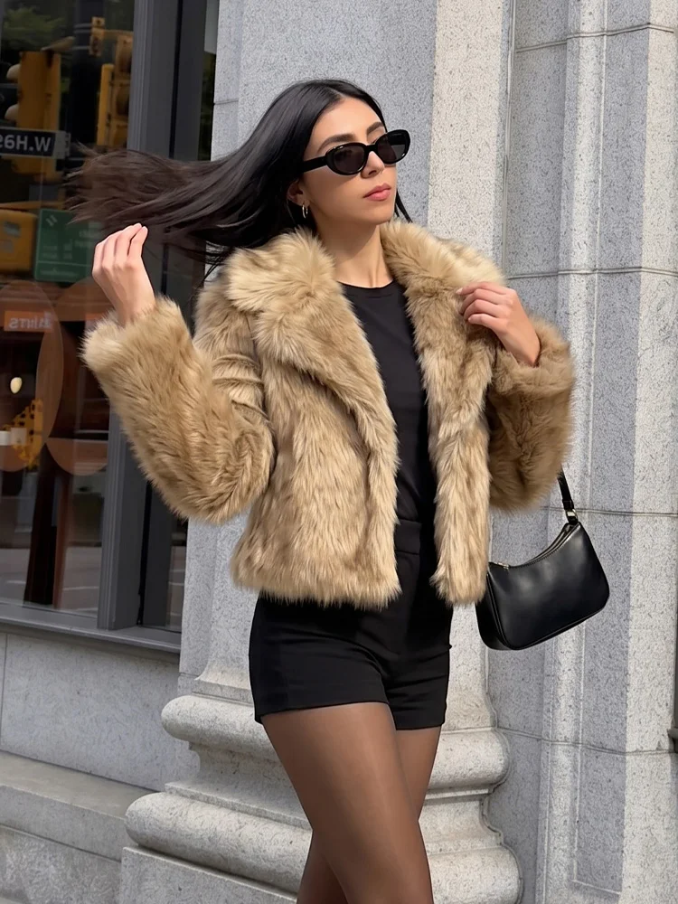 Chaquetas Cortas de Piel Sintética para Mujer, Marca HH, Lujosas, Color Marrón, Cálidas, con Solapa, para Otoño-Invierno 2026, Estilo Casual, para Festivales