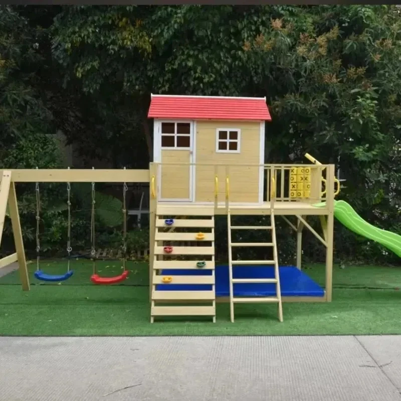Wooden Swing Set Wall Slide, Amusement Park Kids Playhouse with Stairs, Climbing Fram, Swings