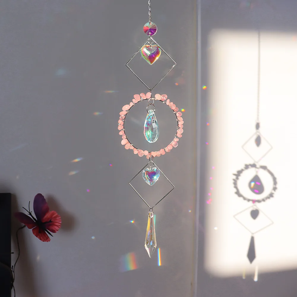 Custom Rose Quartz Chip Stone Geometric Sun Catcher - Crystal Heart & Icicle Pendants Hanging Ornament for Window Decor