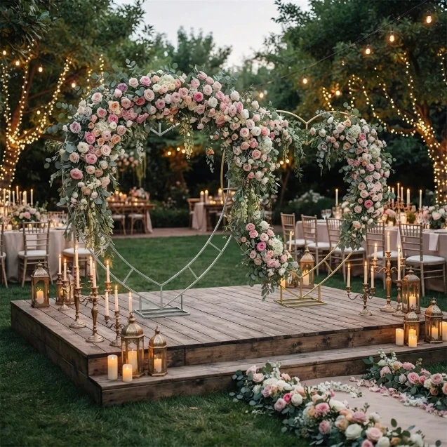 Heart Wedding Arch Double Pole Metal Frame - Rustic Ceremony Backdrop, Photo Booth Decor (Iron Floral Stand, Garden Party)