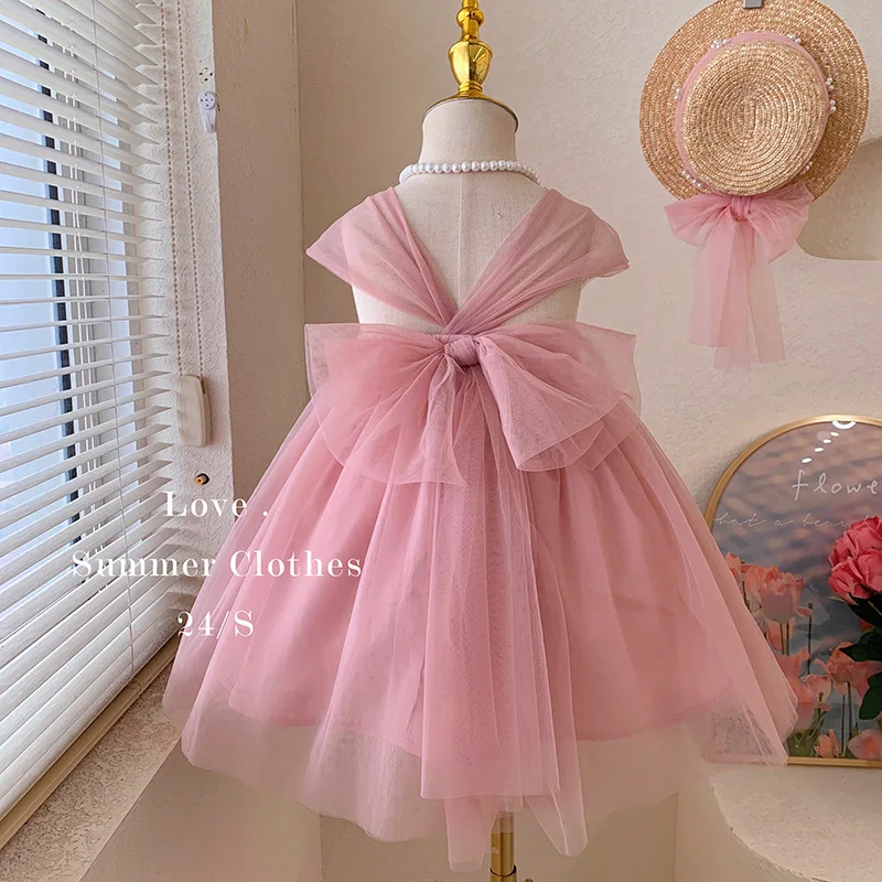 2024 Summer Girls New Product Childrens Fashion Bow Sweet and Cute Solid Color Simple Dress Trend Kids Clothes