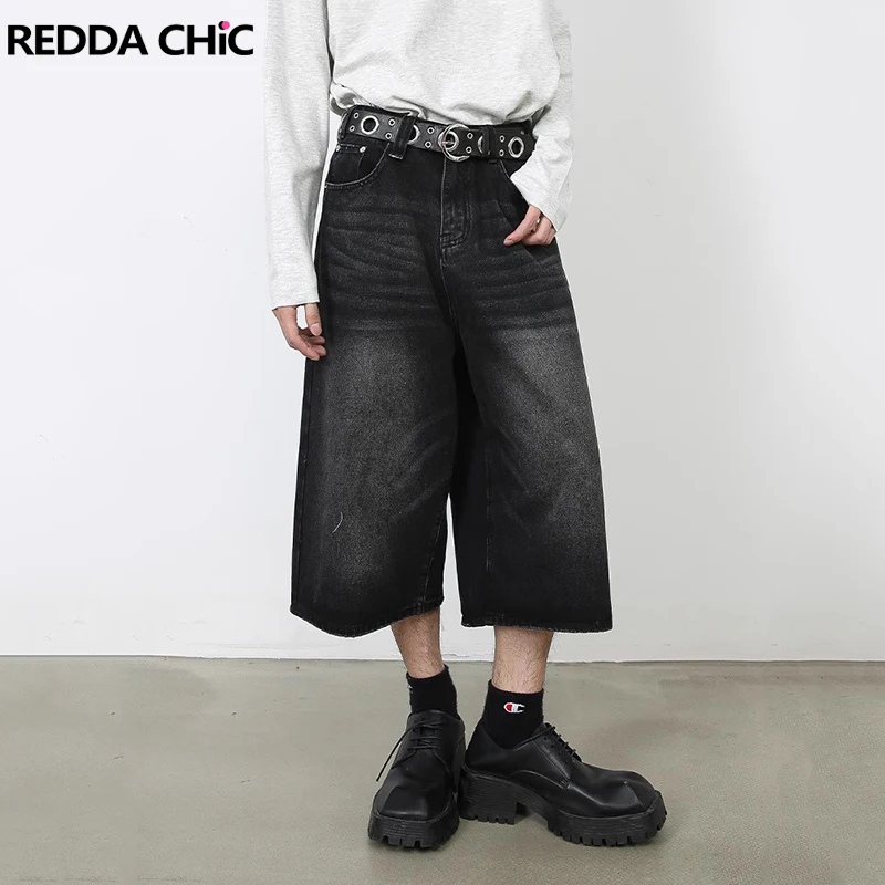 ReddaChic Vintage Black Whiskers Denim Shorts for Men Solid Distressed Low Waist Frayed Wide Leg Casual Pants Korean Streetwear