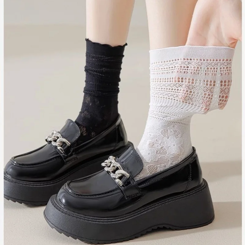 Lace Calf Socks Women's Mid Tube Stockings Summer Thin Breathable Sweat Absorbing Hollow out Small Flower Wooden Ear Long Tube W