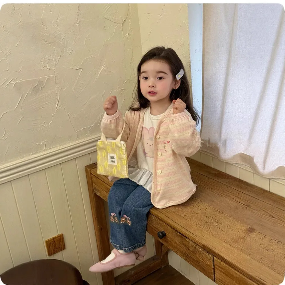 

2025 Autumn New Sweet Girls Jacket Striped Cardigan Baby Girl Single Breasted Cartoon Top