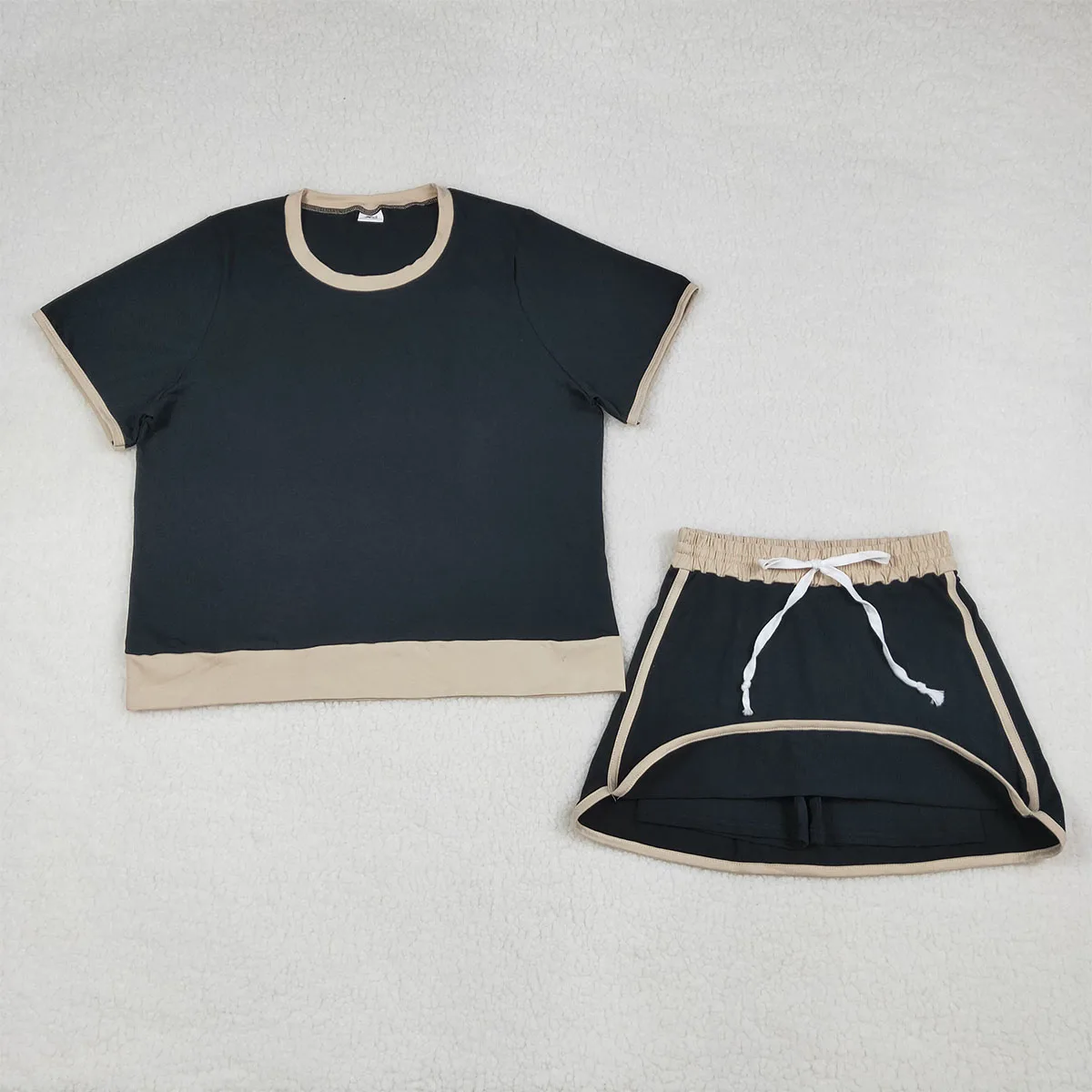 Comfy Adult Women Black Short Sleeve Shirt Top Skirt Shorts Clothes Set Lady Nightclothes Sleepwear Sets Clothing Wholesale
