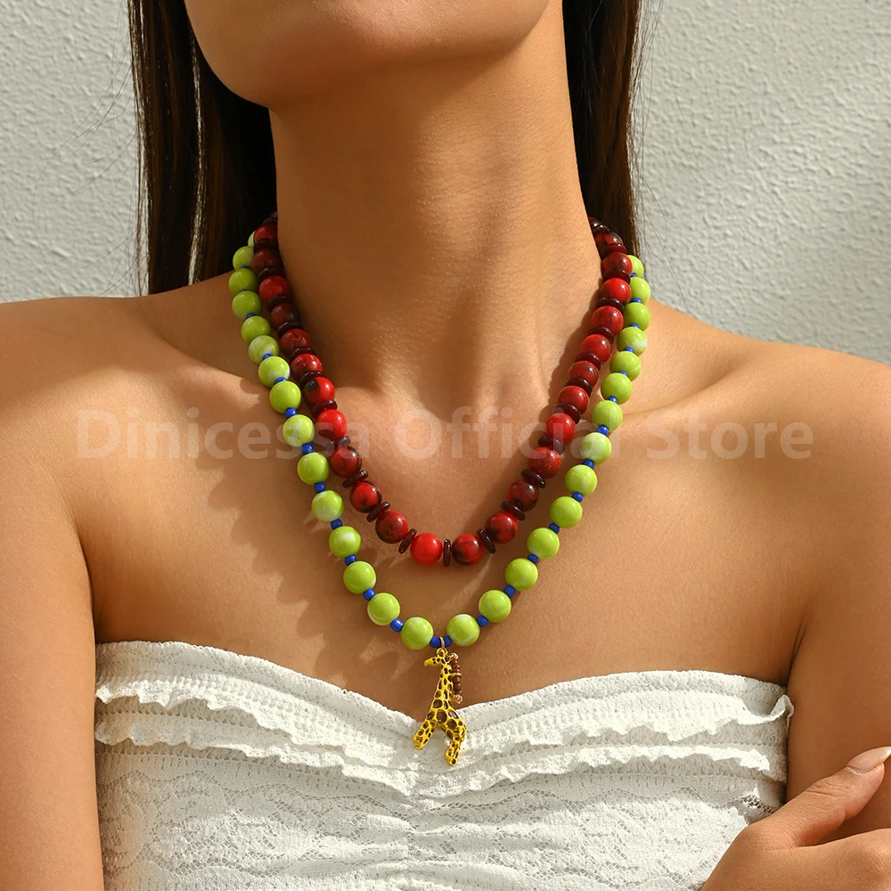 Colorful Beaded Double Stacked Necklace Enamel Giraffe Pendant Collarbone Chain Women Bohemian Vacation Fashion Jewelry