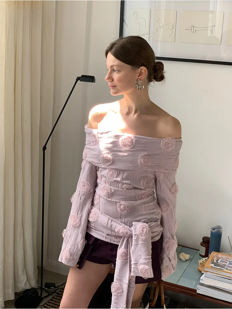 

Эластичный вязаный топ FFU с 3D-вышивкой в виде розы, женский модный топ на одно плечо с галстуком-бабочкой Ne Design, женский оригинальный дизайн...