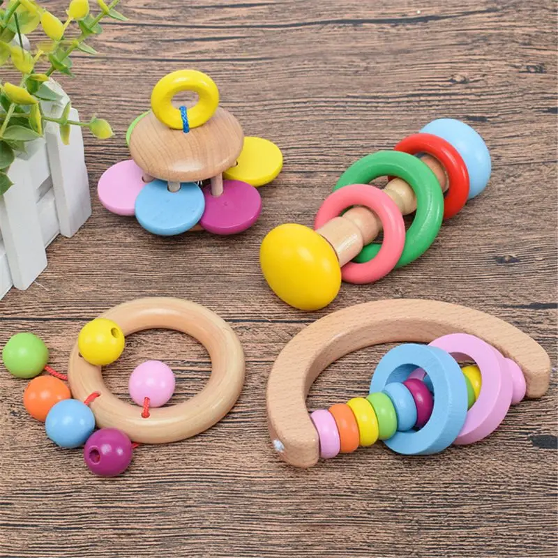 

Q0KB Handhold Shaking Bell Wooden Hand Instrument Educational Baby Sounding Toy Crib Accs Orff Educational Infant Gift 4pcs