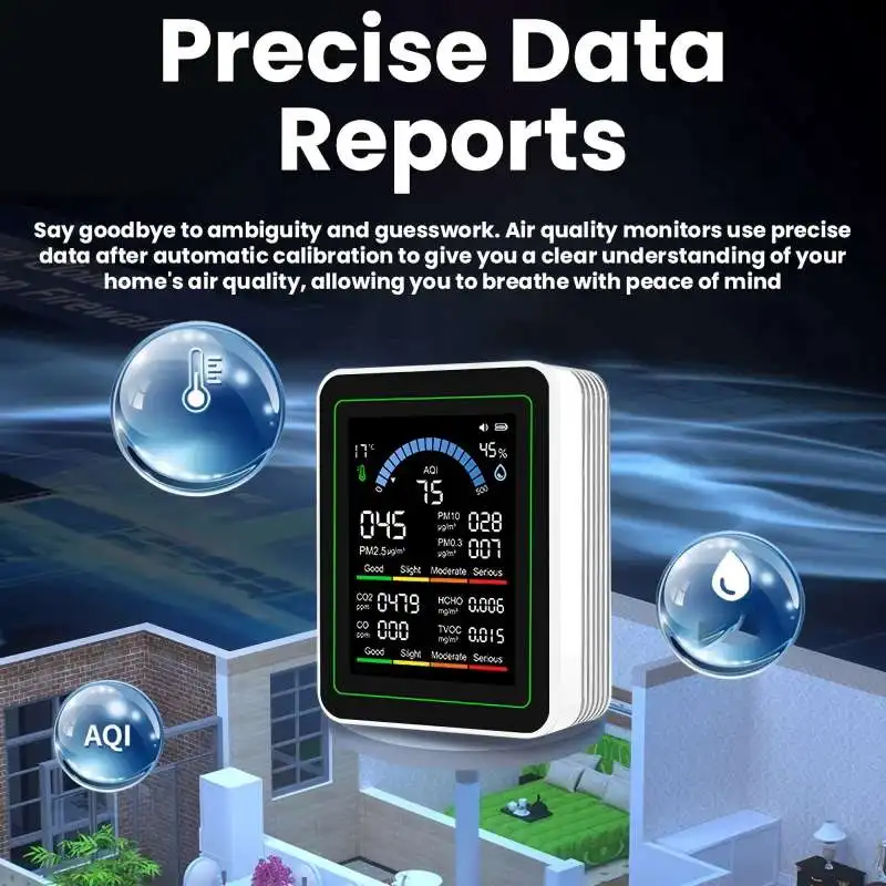 10-in-1 Air Quality Monitor Carbon Dioxide Monitor Formaldehyde Detector Temperature and Humidity Monitor 1PC