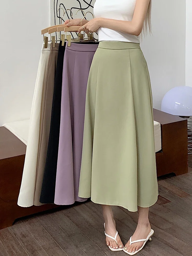 

Suits Skirt Women Summer High Waist OL Solid Color Falling A Line Casual Mid Calf Skirt Female Green Classy Mujer For Love B153