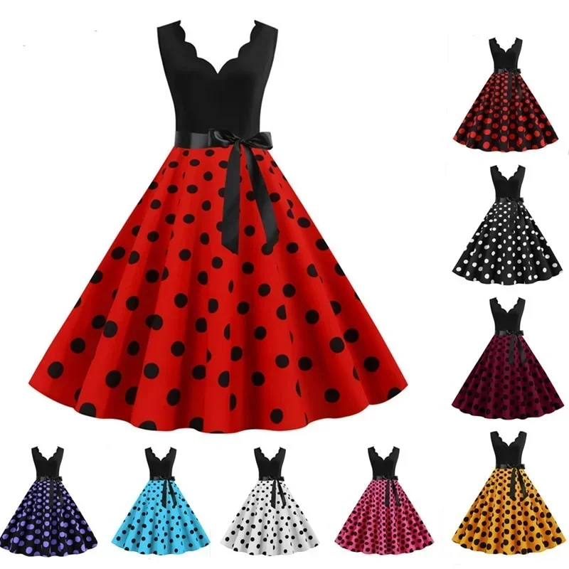 ผู้หญิงสุภาพสตรี Retro ฤดูร้อน Audrey Hepburn 50s 60s Rockabilly V คอ Polka Dot Bow Pinup Ball Grown Party Robe vestidos 30