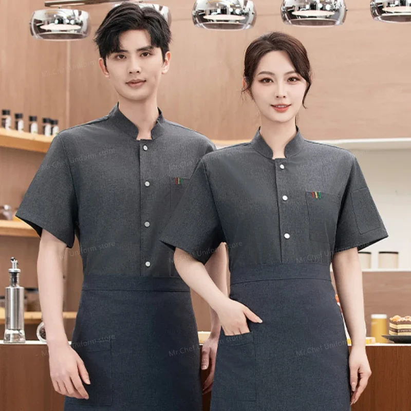 Schwarze Kurzarm Kochjacke Herren Küchenkochmantel Atmungsaktive Mesh Kochuniform mit Schürze Restaurant Arbeitskleidung individuell