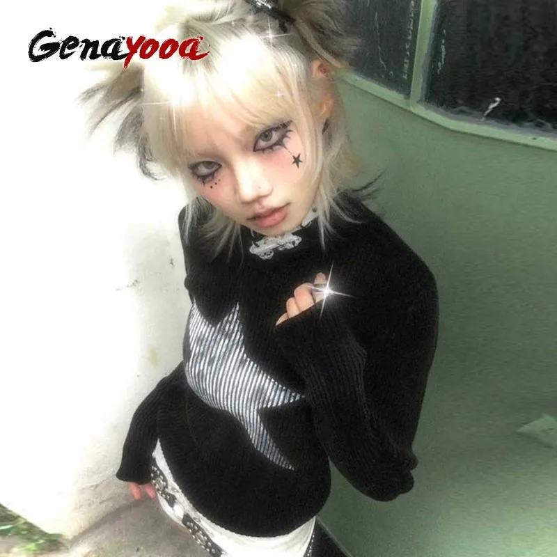 

Genayooa Y2k Retro T Shirt Women Print Stars Crop Tops Streetwear Vintage Tops 2000s Japanese E-girls Autumn Winter Tshirts