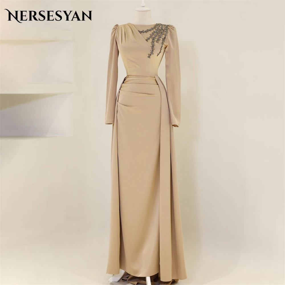 Nersesyan Solid Muslim Glitter Formal Evening Dresses Sparkly Sequins Pleats Prom Dress For Wedding Elastic Satin Party Gowns