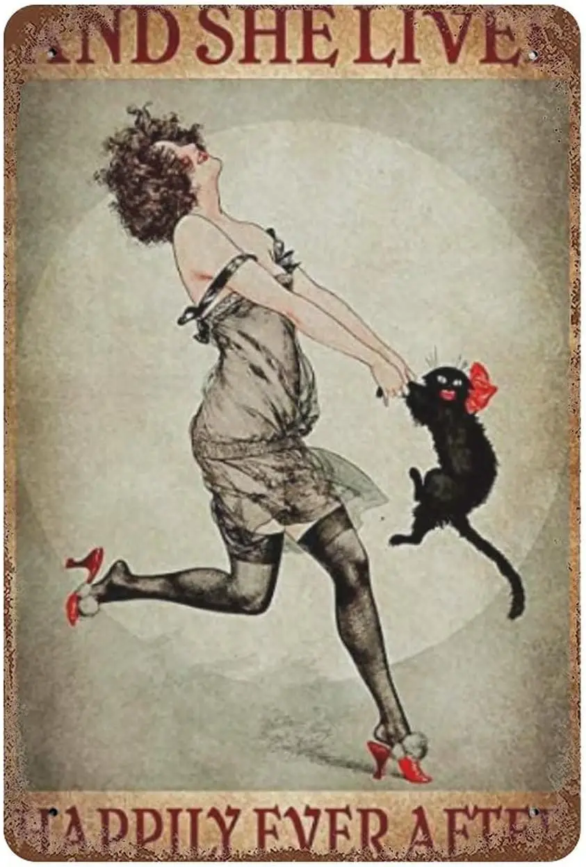 Black cat Dance with The Girl Metal tin Sign and She Lived Happily Ever After Wall Decoration Vintage Aluminum Sign for