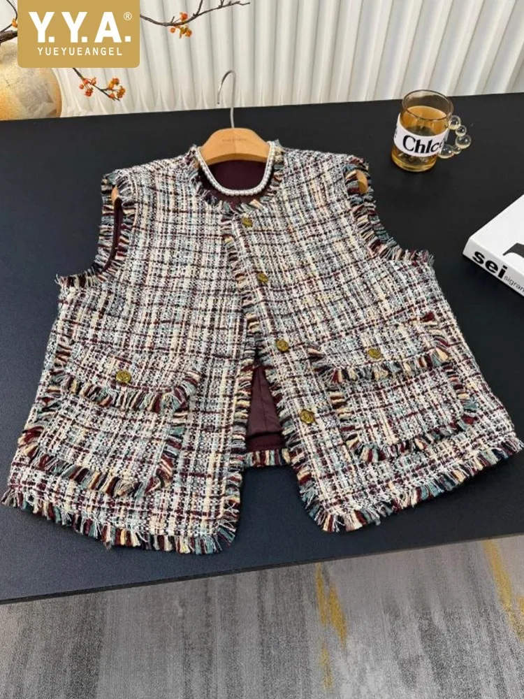 

Винтажный женский осенний шерстяной твидовый жилет, куртка без рукавов, повседневный однобортный жилет с кисточками и круглым вырезом, уличная одежда, клетчатые жилеты