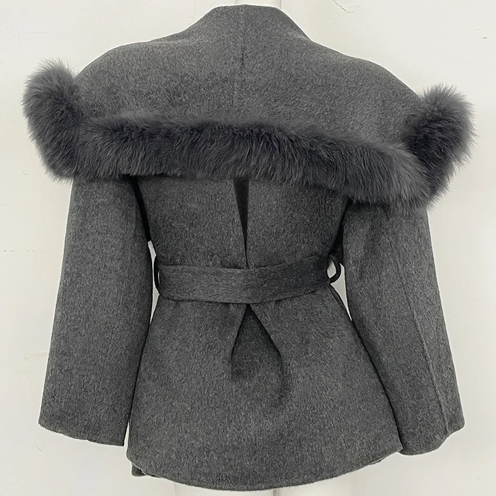 OFTBUY Neue Luxus-Winterkleidung für Damen, Naturpelz, 100% Wollmantel, großer Echtfuchspelzkragen, Gürteljacke für Damen – Detail 12