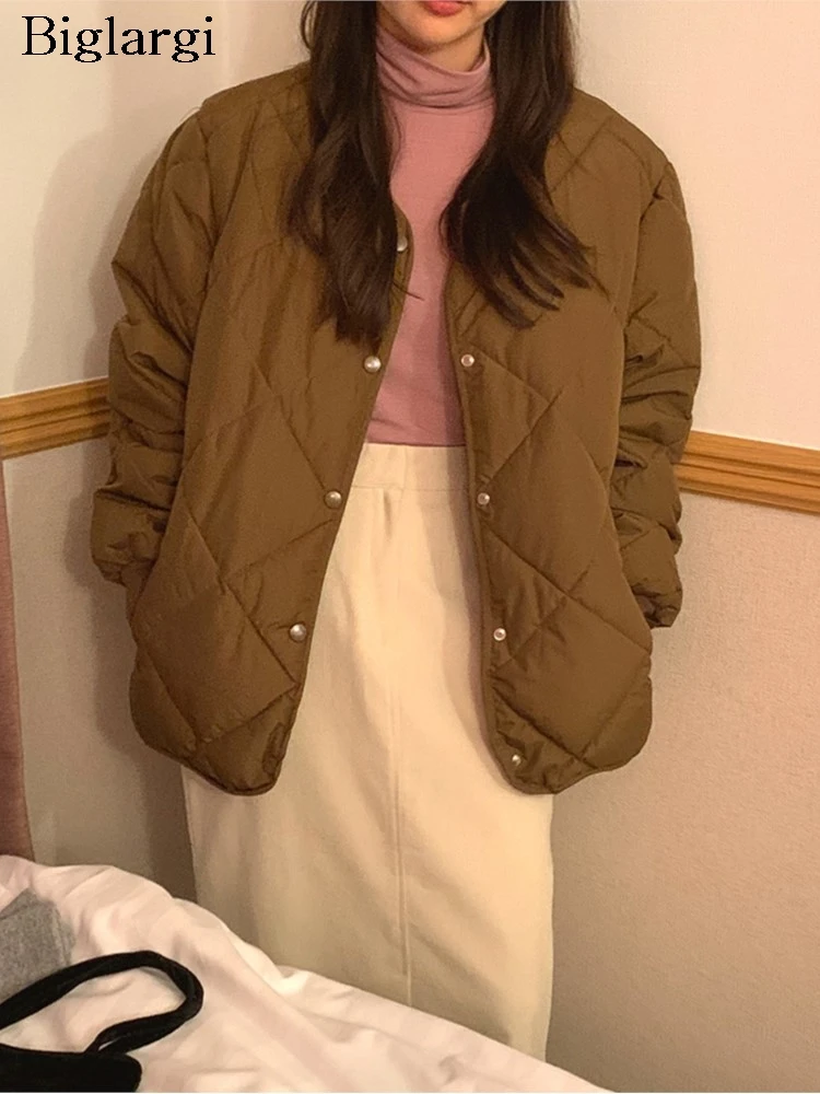 

Осень-зима корейский стиль стеганое хлопковое пальто женские клетчатые модные свободные женские куртки повседневные женские пальто с длинным рукавом с v-образным вырезом