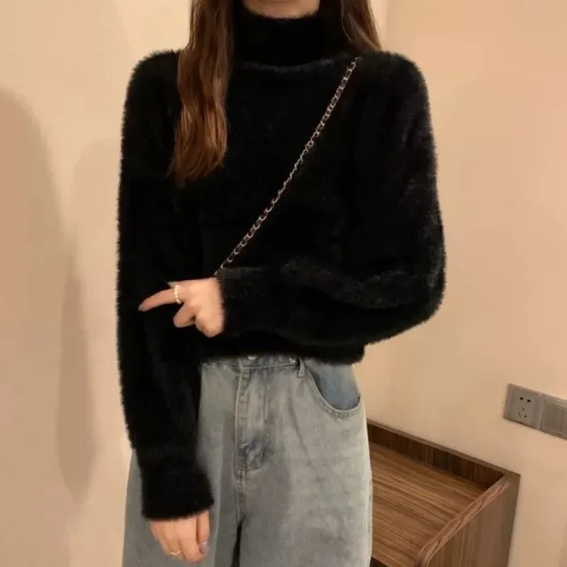 Autumn Winter Women Sweaters Fashion Female Long Sleeve Mock Neck Pullover Knitting Shirts Casual Mohair Knitted Sweater