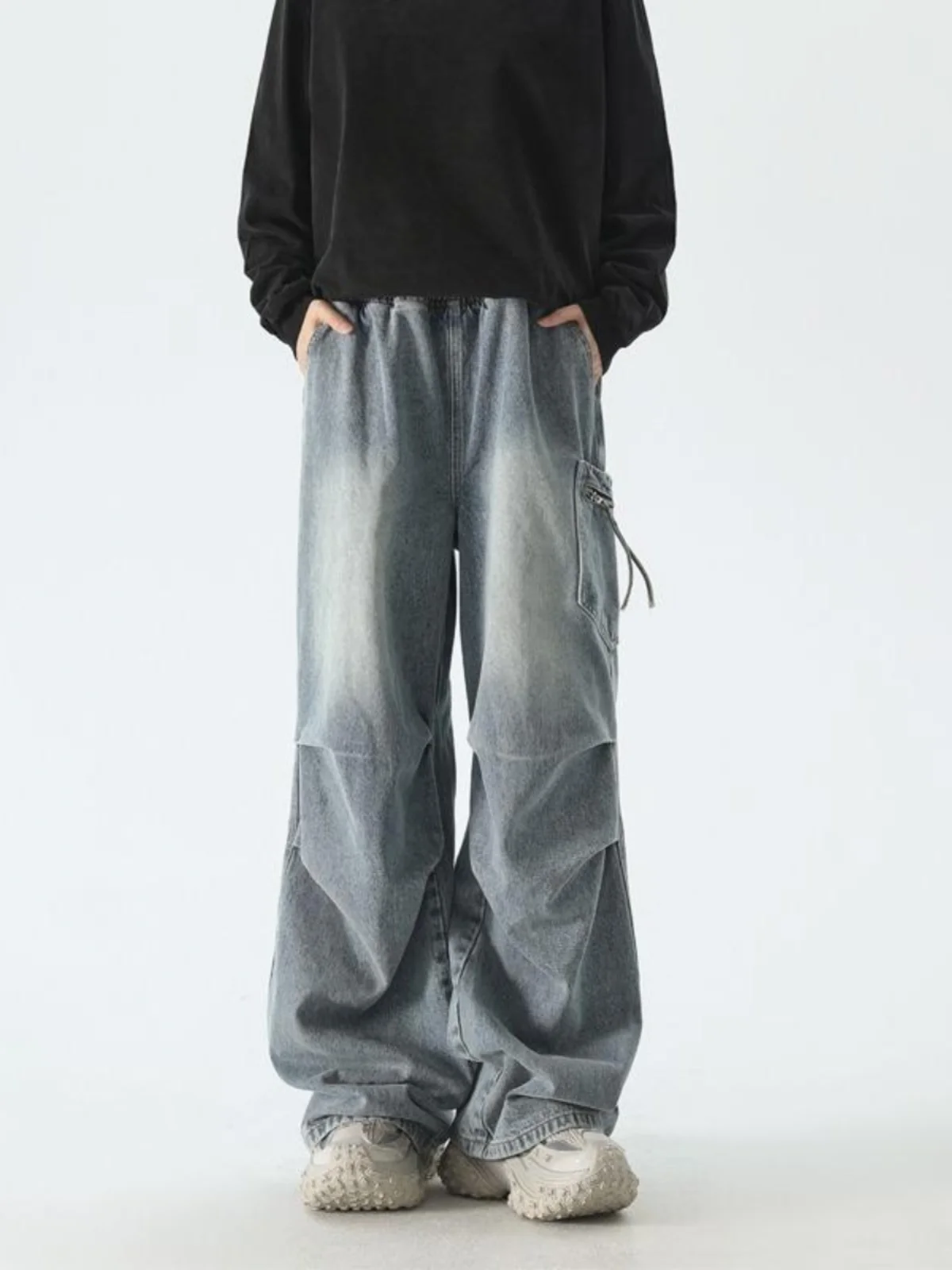 

American Retro Washed Large Pocket Straight Leg Spring Autumn Casual Loose Men's Jeans Deep Blue Denim Trousers for Teens