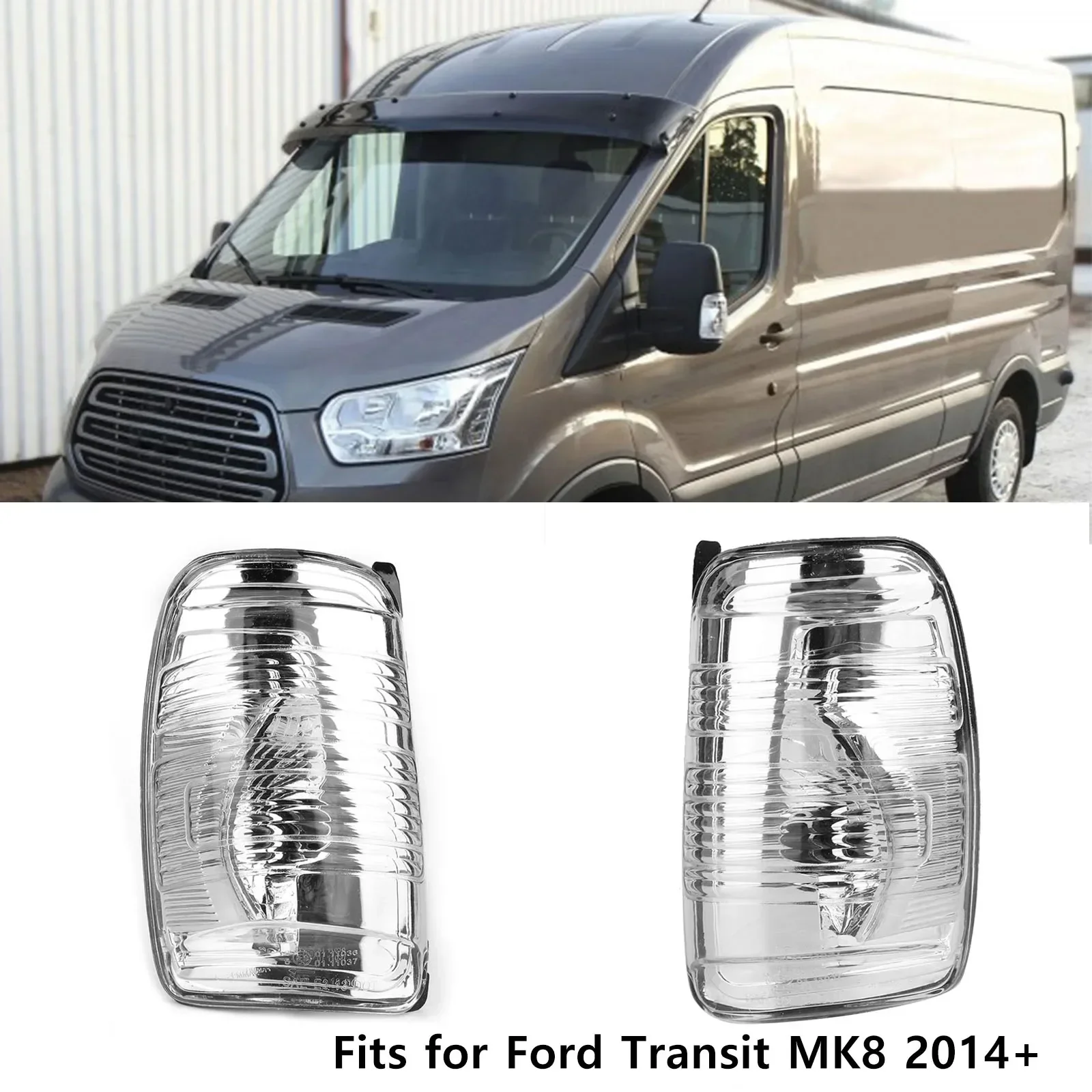 For 2014+ Ford Transit MK8 Door Wing Mirror Indicator Lens & Side Mirror Turn Signal Housing - Clear, ABS, Direct Replacement